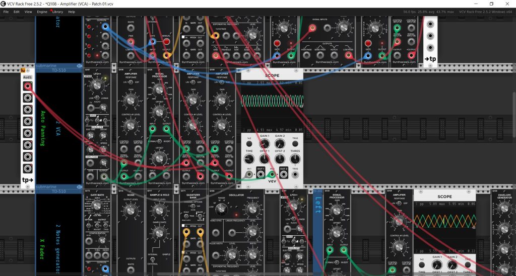 VCV Rack - [2104a] Q108 - Amplifier (VCA) - Patch 01 - Panning, Cross ...